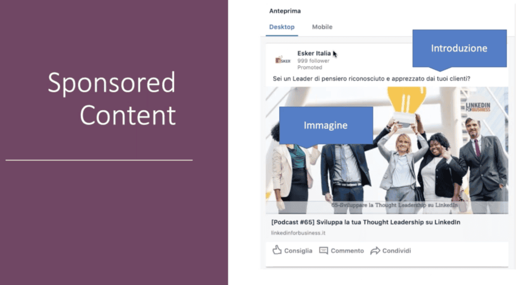 Anteprima di un post sponsorizzato LinkedIn di Esker Italia con persone che sollevano una lampadina stilizzata.